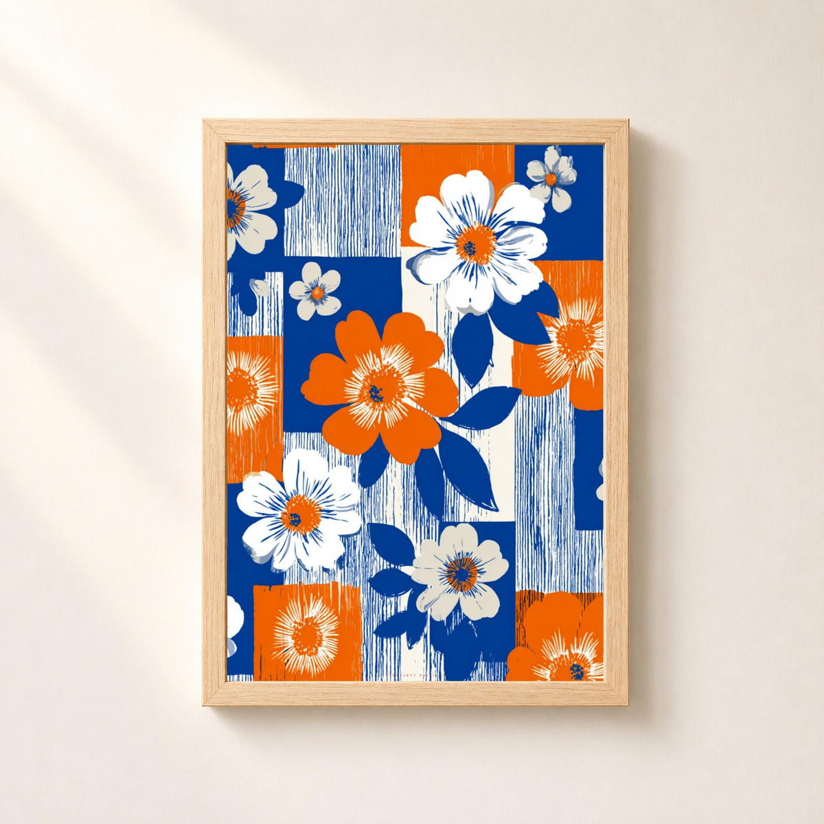 Affiche florale rétro années 70, poster damier orange et bleu, art mural graphique coloré