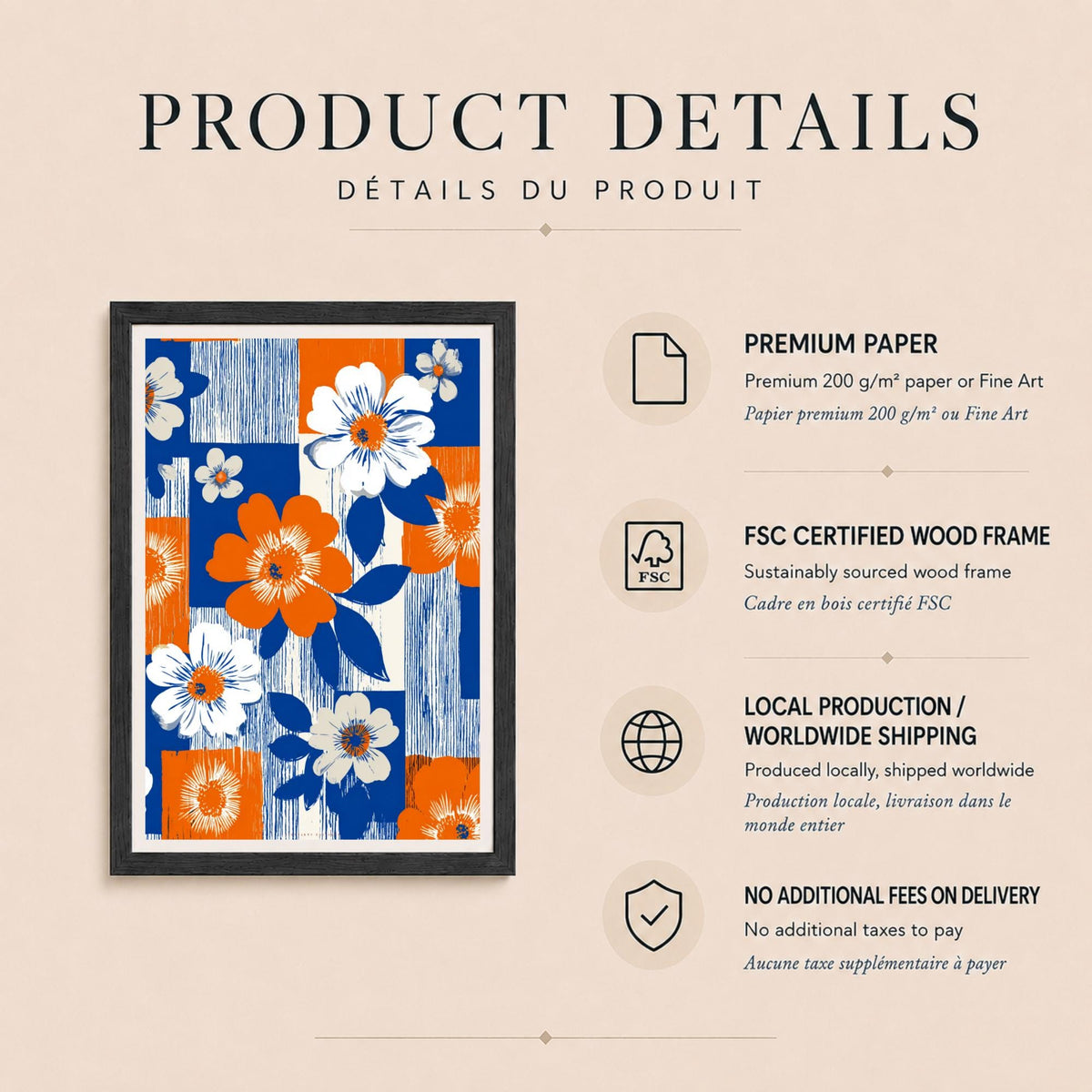 Affiche florale rétro années 70, poster damier orange et bleu, art mural graphique coloré