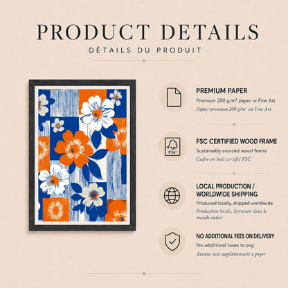 Affiche florale rétro années 70, poster damier orange et bleu, art mural graphique coloré