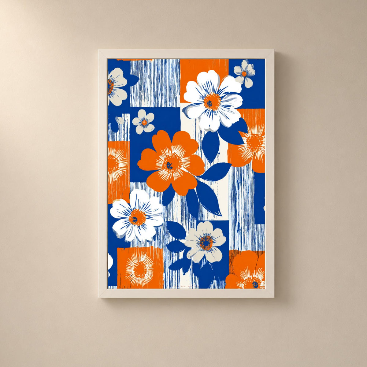 Affiche florale rétro années 70, poster damier orange et bleu, art mural graphique coloré
