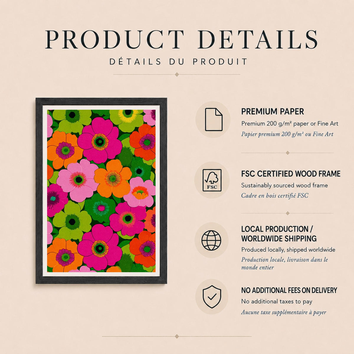 Affiche fleurs psychédéliques années 70, poster flower power, art mural rose et vert fluo