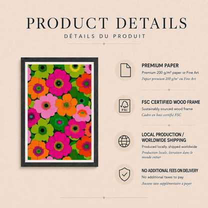 Affiche fleurs psychédéliques années 70, poster flower power, art mural rose et vert fluo