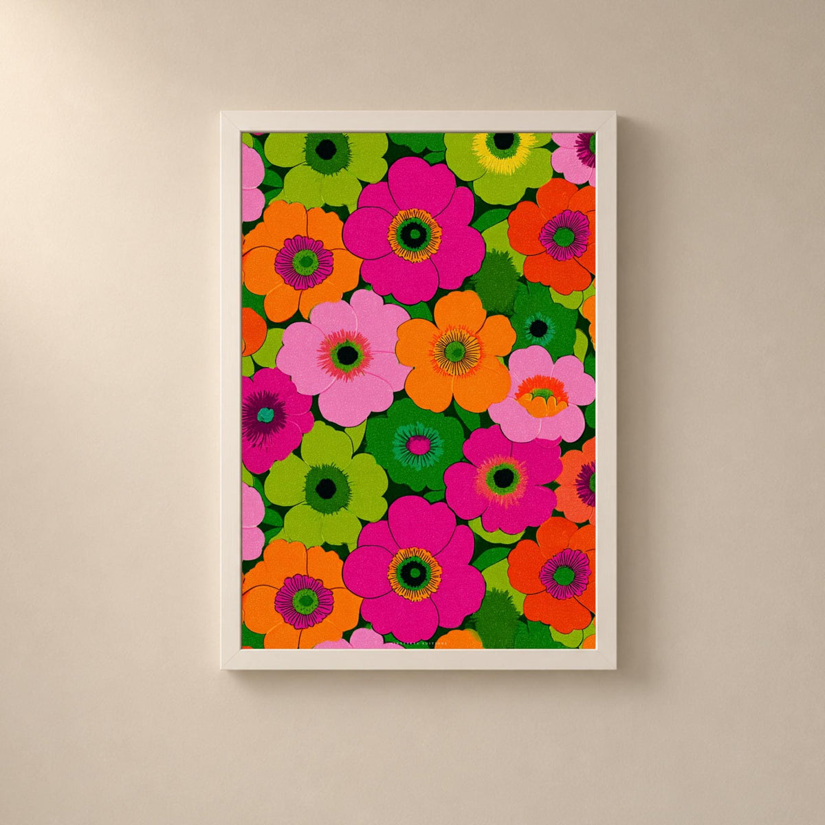 Affiche fleurs psychédéliques années 70, poster flower power, art mural rose et vert fluo