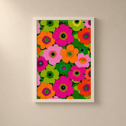 Affiche fleurs psychédéliques années 70, poster flower power, art mural rose et vert fluo