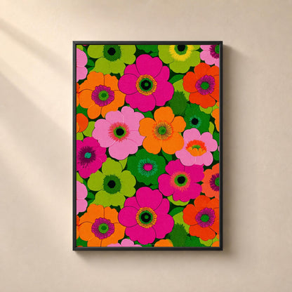 Affiche fleurs psychédéliques années 70, poster flower power, art mural rose et vert fluo