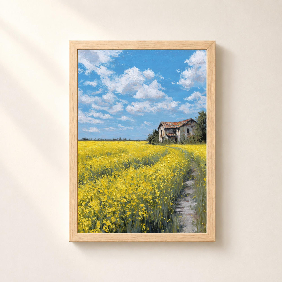 Affiche champ de colza et maison abandonnée, poster paysage à l'huile, art mural campagne jaune