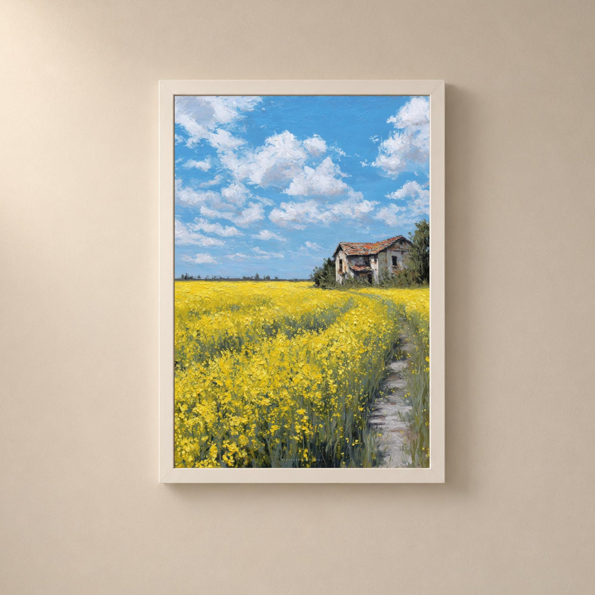 Affiche champ de colza et maison abandonnée, poster paysage à l'huile, art mural campagne jaune