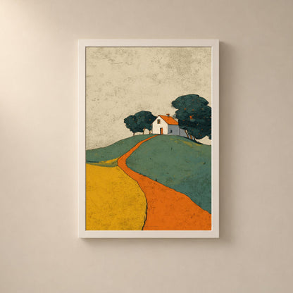Affiche maison sur la colline, poster paysage naïf, art mural vert et orange apaisant