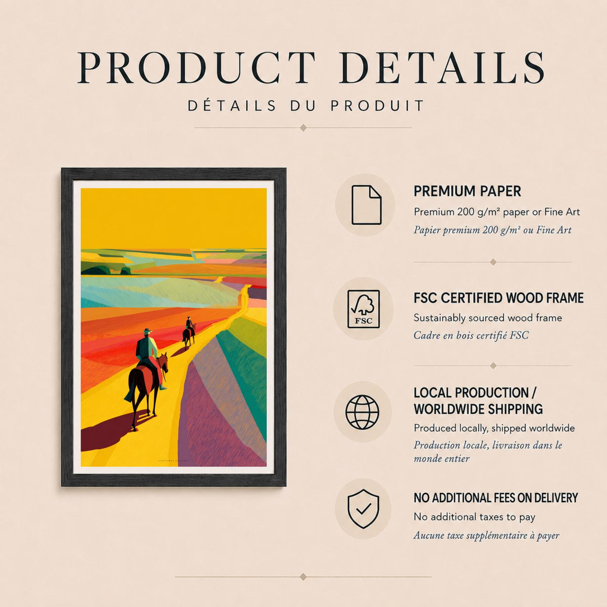 Affiche cavaliers dans paysage coloré, chemin de campagne jaune, art mural équestre contemporain