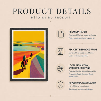 Affiche cavaliers dans paysage coloré, chemin de campagne jaune, art mural équestre contemporain