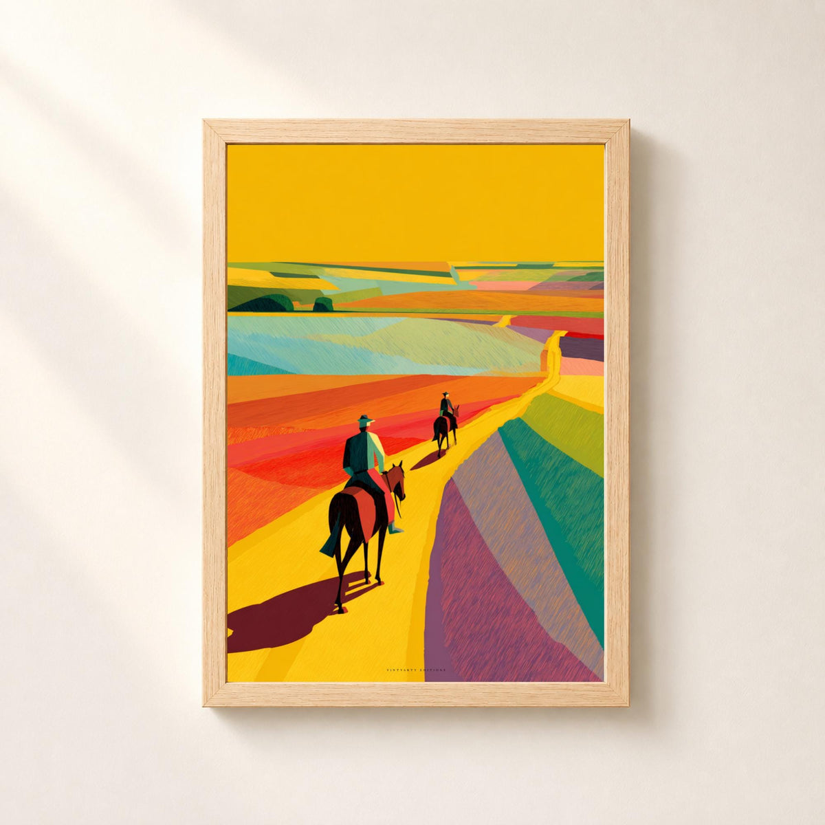 Affiche cavaliers dans paysage coloré, chemin de campagne jaune, art mural équestre contemporain