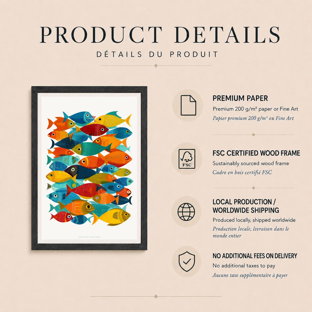 Affiche poissons colorés, art mural bord de mer, illustration contemporaine de poissons tropicaux