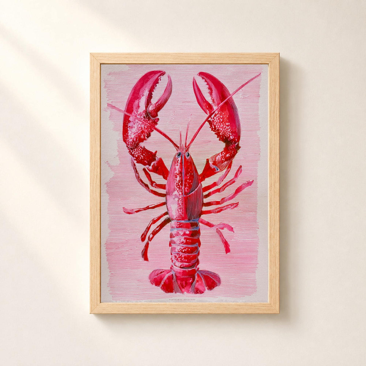 Affiche homard rouge et rose, art mural marin graphique, décoration cuisine bord de mer