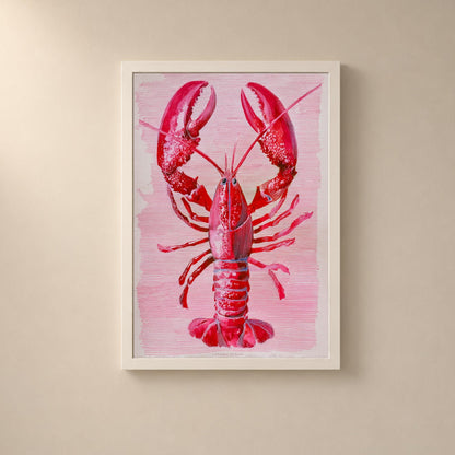 Affiche homard rouge et rose, art mural marin graphique, décoration cuisine bord de mer
