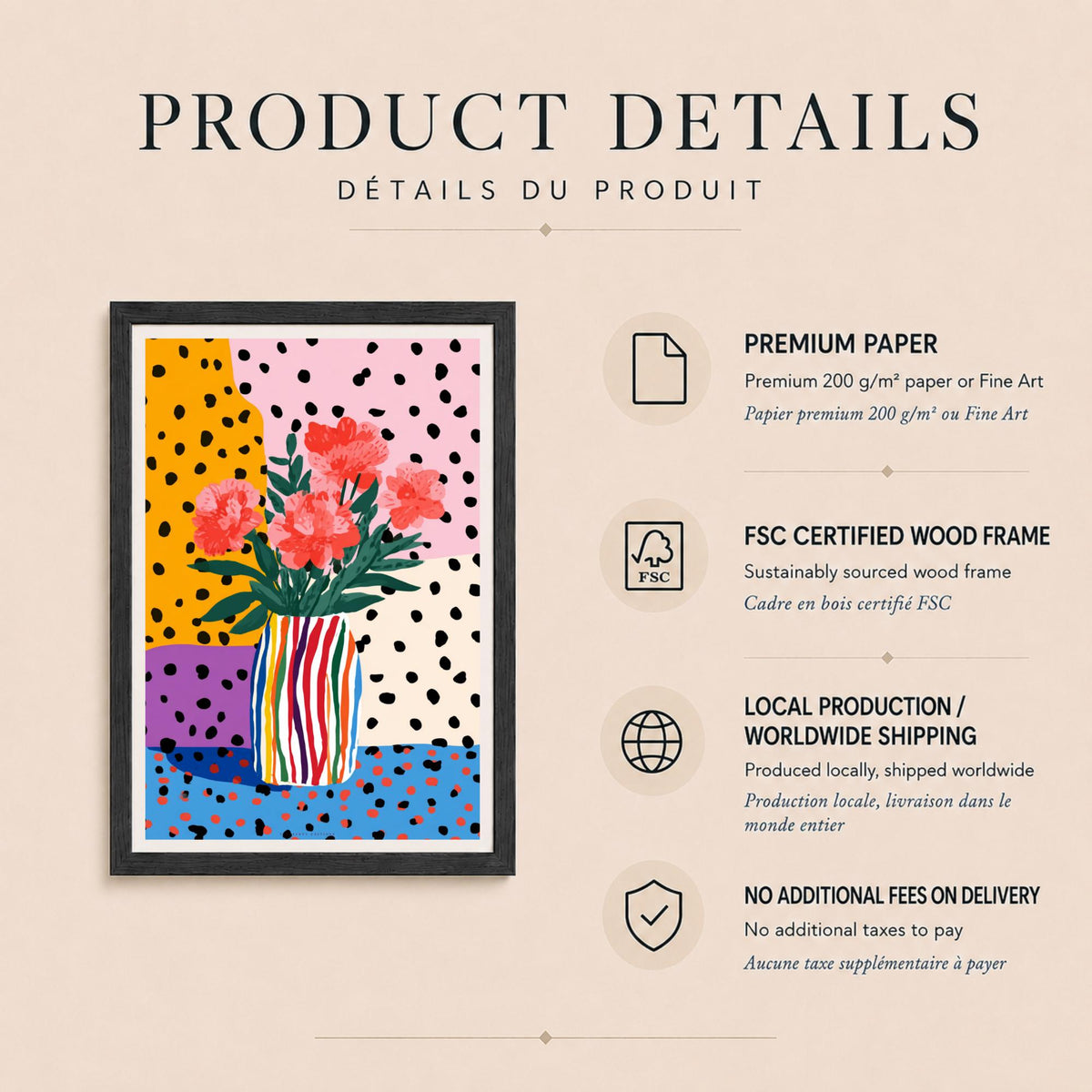 Affiche fleurs colorées et vase rayé, art floral maximaliste, décoration pop contemporaine