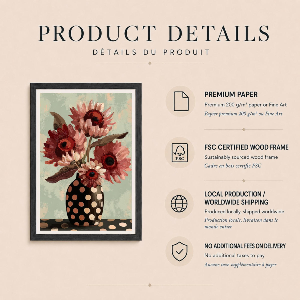 Affiche bouquet de fleurs vintage, vase à pois noir, nature morte florale contemporaine, décoration murale sauge