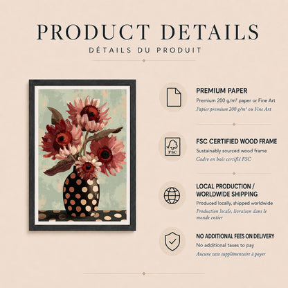 Affiche bouquet de fleurs vintage, vase à pois noir, nature morte florale contemporaine, décoration murale sauge