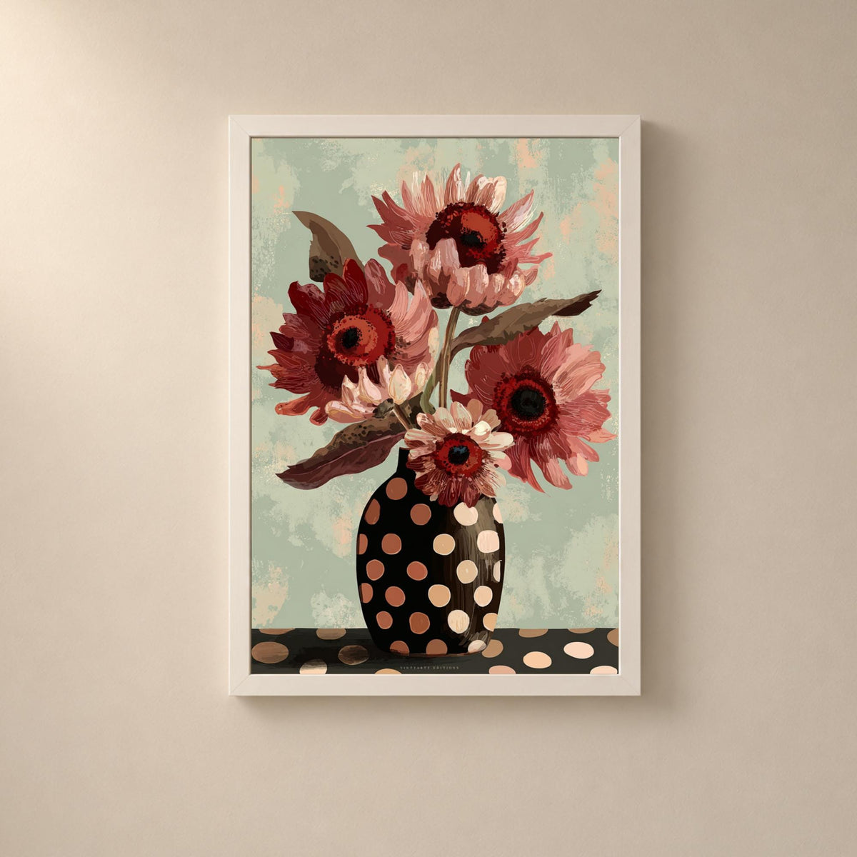 Affiche bouquet de fleurs vintage, vase à pois noir, nature morte florale contemporaine, décoration murale sauge