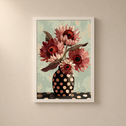 Affiche bouquet de fleurs vintage, vase à pois noir, nature morte florale contemporaine, décoration murale sauge