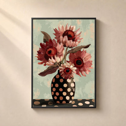 Bouquet de fleurs rose poudré et terracotta dans un vase noir à gros pois beiges sur fond vert sauge texturé.