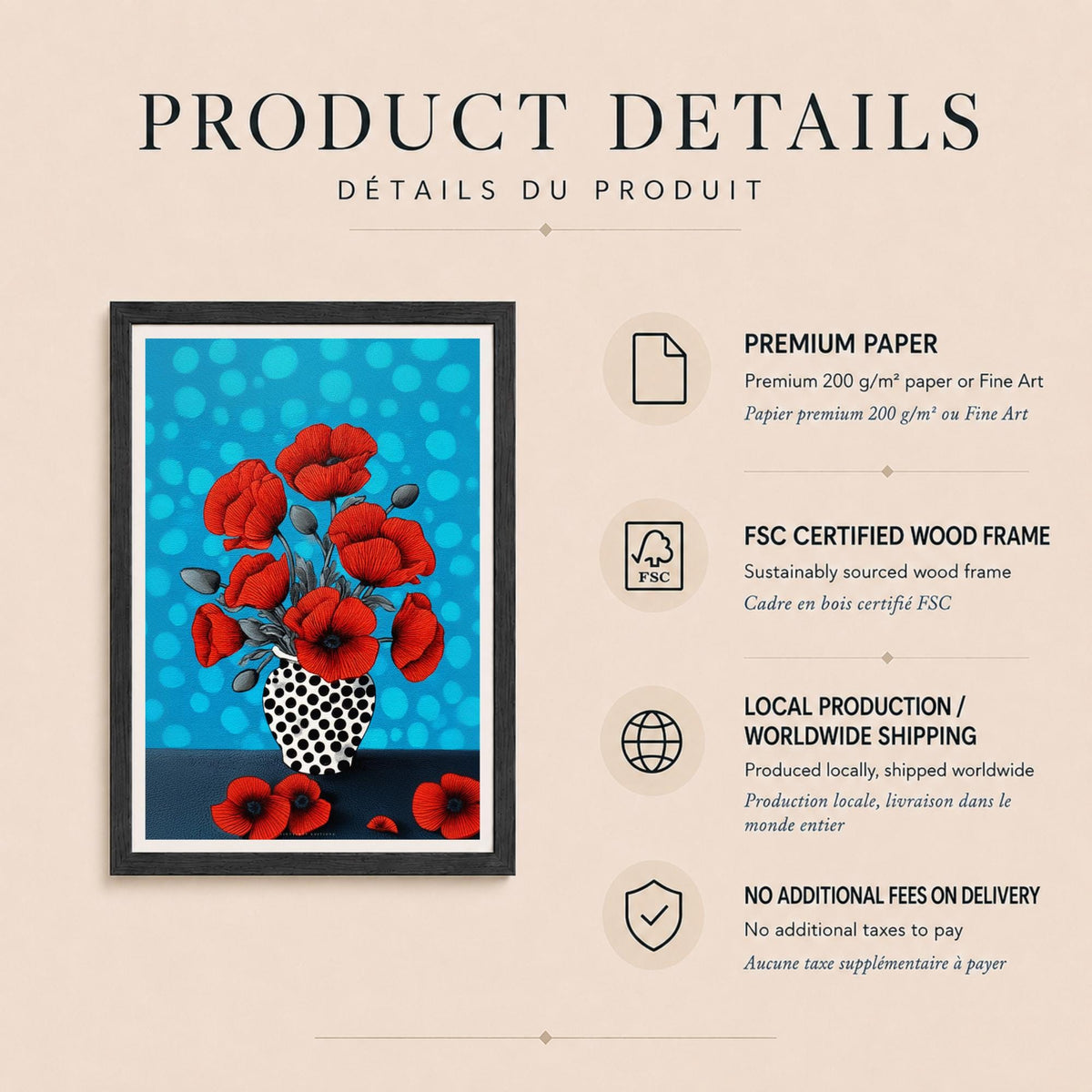 Affiche coquelicots rouges vase à pois, art floral turquoise, décoration murale contemporaine
