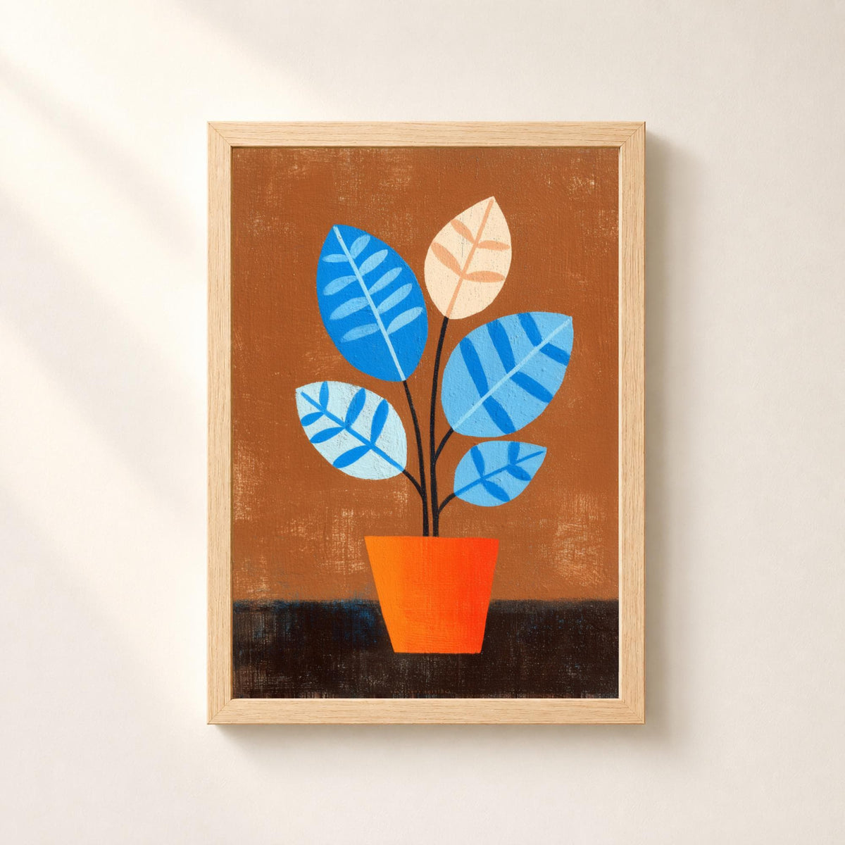 Affiche plante bleue en pot orange, art botanique rétro, décoration murale années 1950