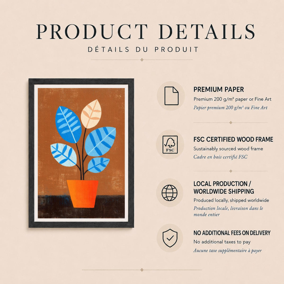 Affiche plante bleue en pot orange, art botanique rétro, décoration murale années 1950
