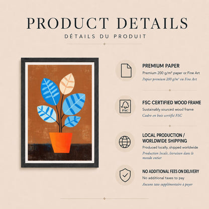 Affiche plante bleue en pot orange, art botanique rétro, décoration murale années 1950