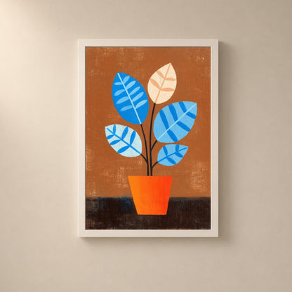 Affiche plante bleue en pot orange, art botanique rétro, décoration murale années 1950