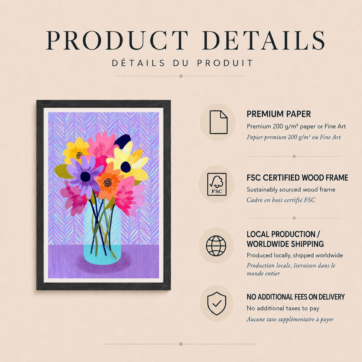Affiche bouquet de fleurs pastel, vase bleu transparent, décoration murale danoise colorée