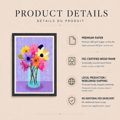 Affiche bouquet de fleurs pastel, vase bleu transparent, décoration murale danoise colorée