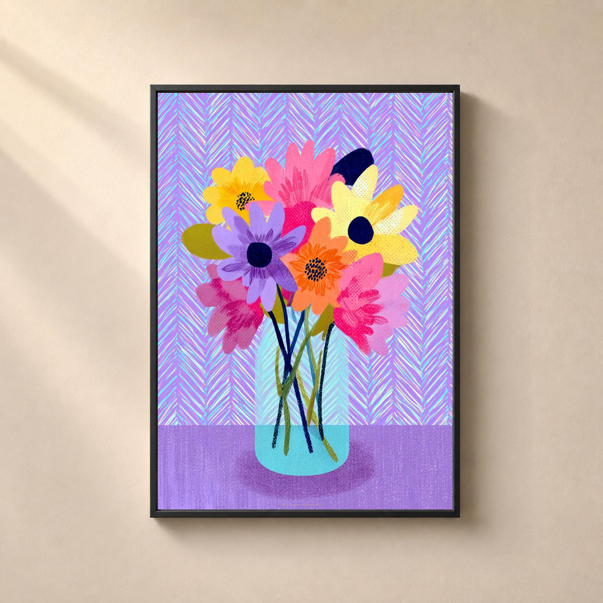 Affiche bouquet de fleurs pastel, vase bleu transparent, décoration murale danoise colorée