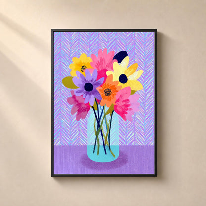 Affiche bouquet de fleurs pastel, vase bleu transparent, décoration murale danoise colorée