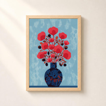 Affiche fleurs rouges vase bleu, nature morte florale rétro, décoration murale bleu ciel