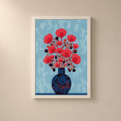Affiche fleurs rouges vase bleu, nature morte florale rétro, décoration murale bleu ciel