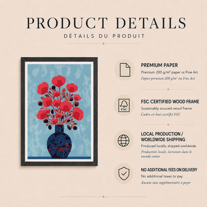Affiche fleurs rouges vase bleu, nature morte florale rétro, décoration murale bleu ciel