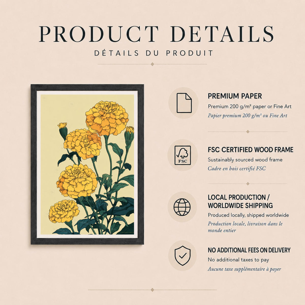Affiche zinnias jaunes, illustration botanique contemporaine, art mural floral vert foncé