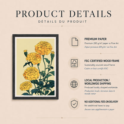 Affiche zinnias jaunes, illustration botanique contemporaine, art mural floral vert foncé