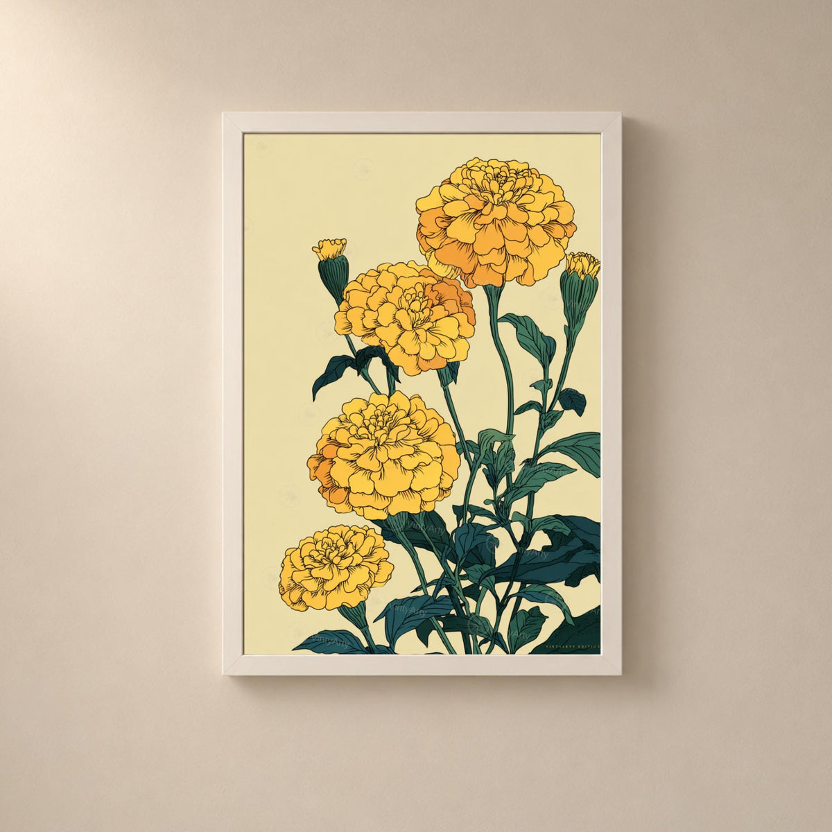 Affiche zinnias jaunes, illustration botanique contemporaine, art mural floral vert foncé