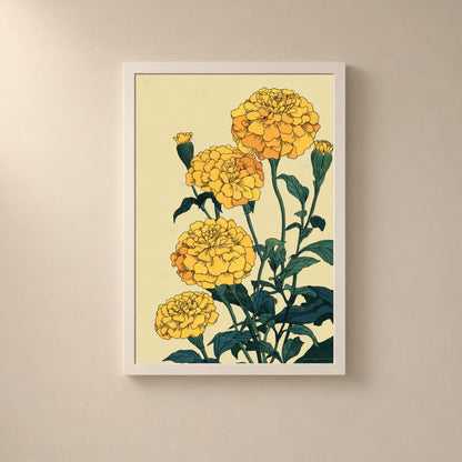 Affiche zinnias jaunes, illustration botanique contemporaine, art mural floral vert foncé