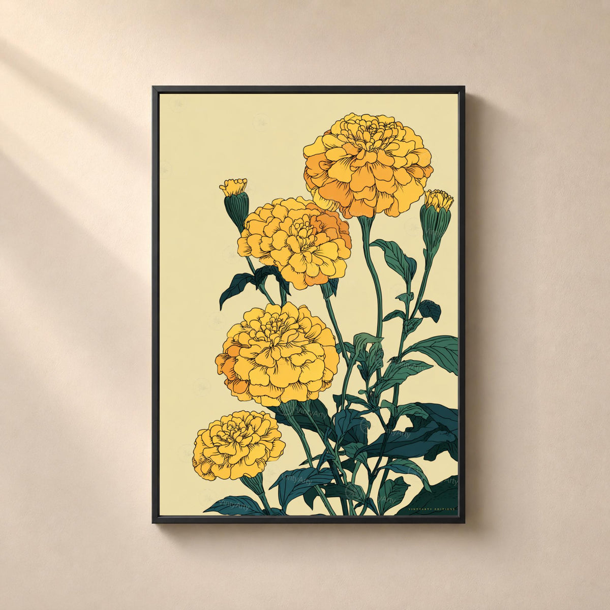 Affiche botanique représentant de grands zinnias jaunes et deux boutons sur de longues tiges entourées d’un feuillage vert foncé, sur fond crème.