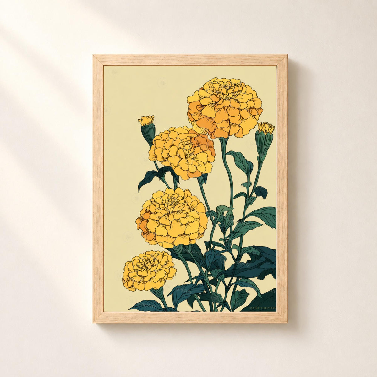 Affiche zinnias jaunes, illustration botanique contemporaine, art mural floral vert foncé
