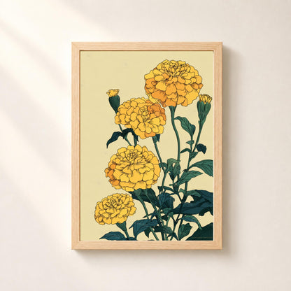 Affiche zinnias jaunes, illustration botanique contemporaine, art mural floral vert foncé