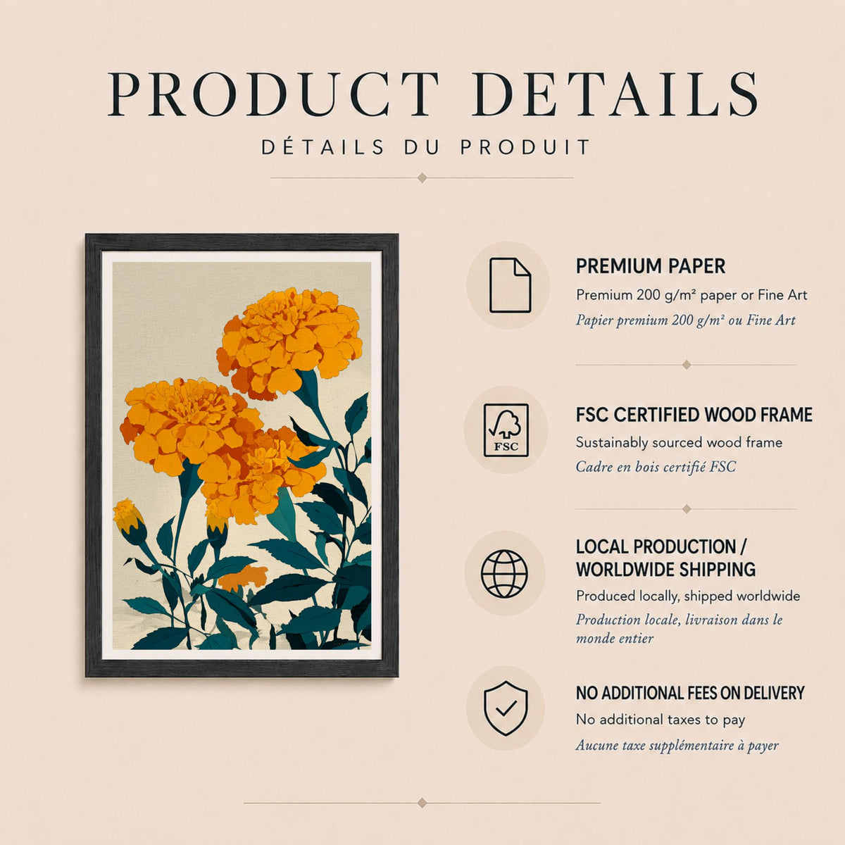 Affiche œillets d’Inde orange, art botanique bleu pétrole, décoration murale florale contemporaine