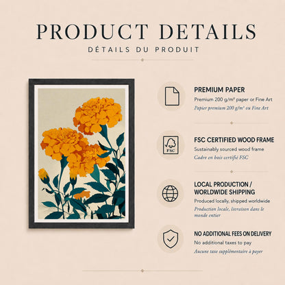 Affiche œillets d’Inde orange, art botanique bleu pétrole, décoration murale florale contemporaine