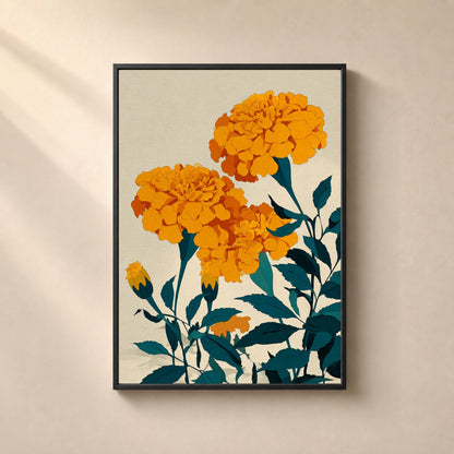 Affiche œillets d’Inde orange, art botanique bleu pétrole, décoration murale florale contemporaine