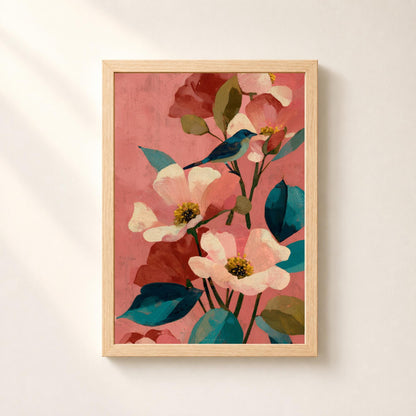 Affiche oiseau bleu et fleurs roses, art mural floral fond corail, illustration botanique contemporaine