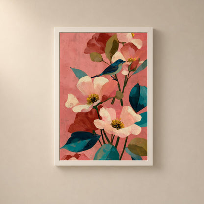 Affiche oiseau bleu et fleurs roses, art mural floral fond corail, illustration botanique contemporaine