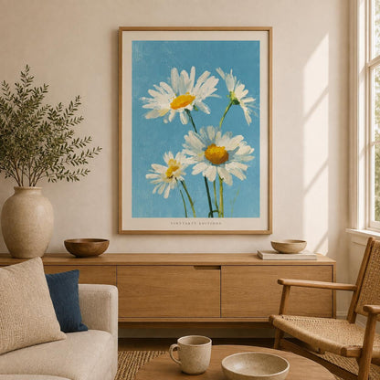 Affiche marguerites blanches sur fond bleu, peinture à l'huile, décoration murale printanière