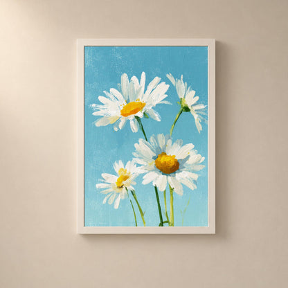 Affiche marguerites blanches sur fond bleu, peinture à l'huile, décoration murale printanière